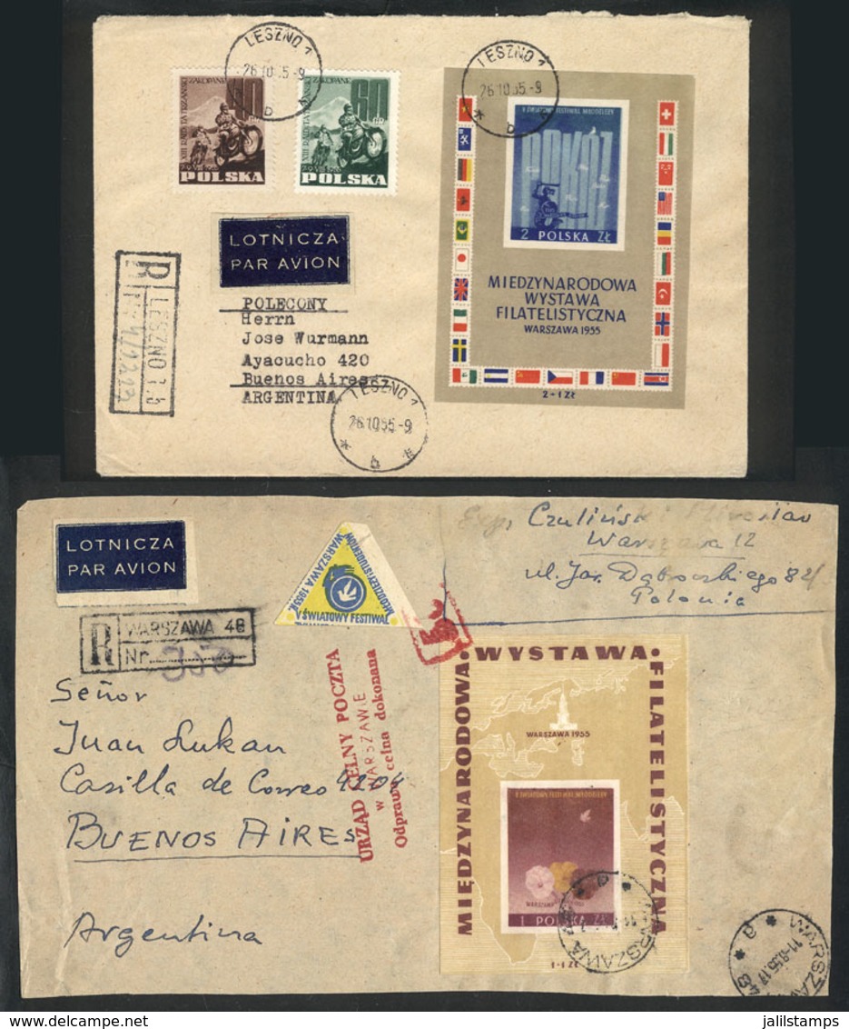 1719 POLAND: Sc.B104/105, 1955 Warsaw Stamp Exhibition, The Set Of 2 Souvenir Sheets On Covers Sent To Argentina (the Lo - Other & Unclassified