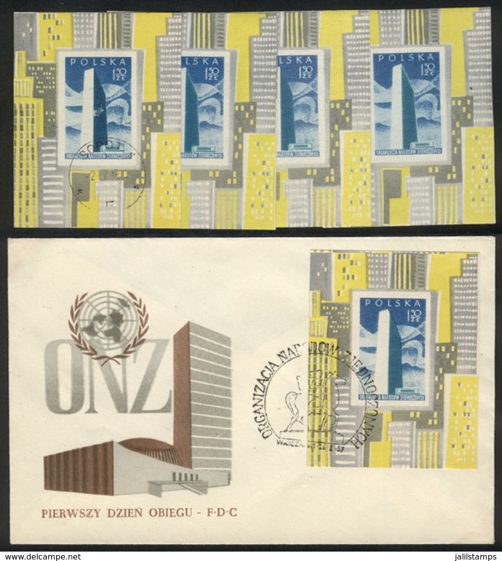 1722 POLAND: 1957 United Nations, Souvenir Sheet Of 1.50Z., 3 MNH + 2 Used Sheets (one On A FDC Cover), Very Fine Qualit - Sonstige & Ohne Zuordnung