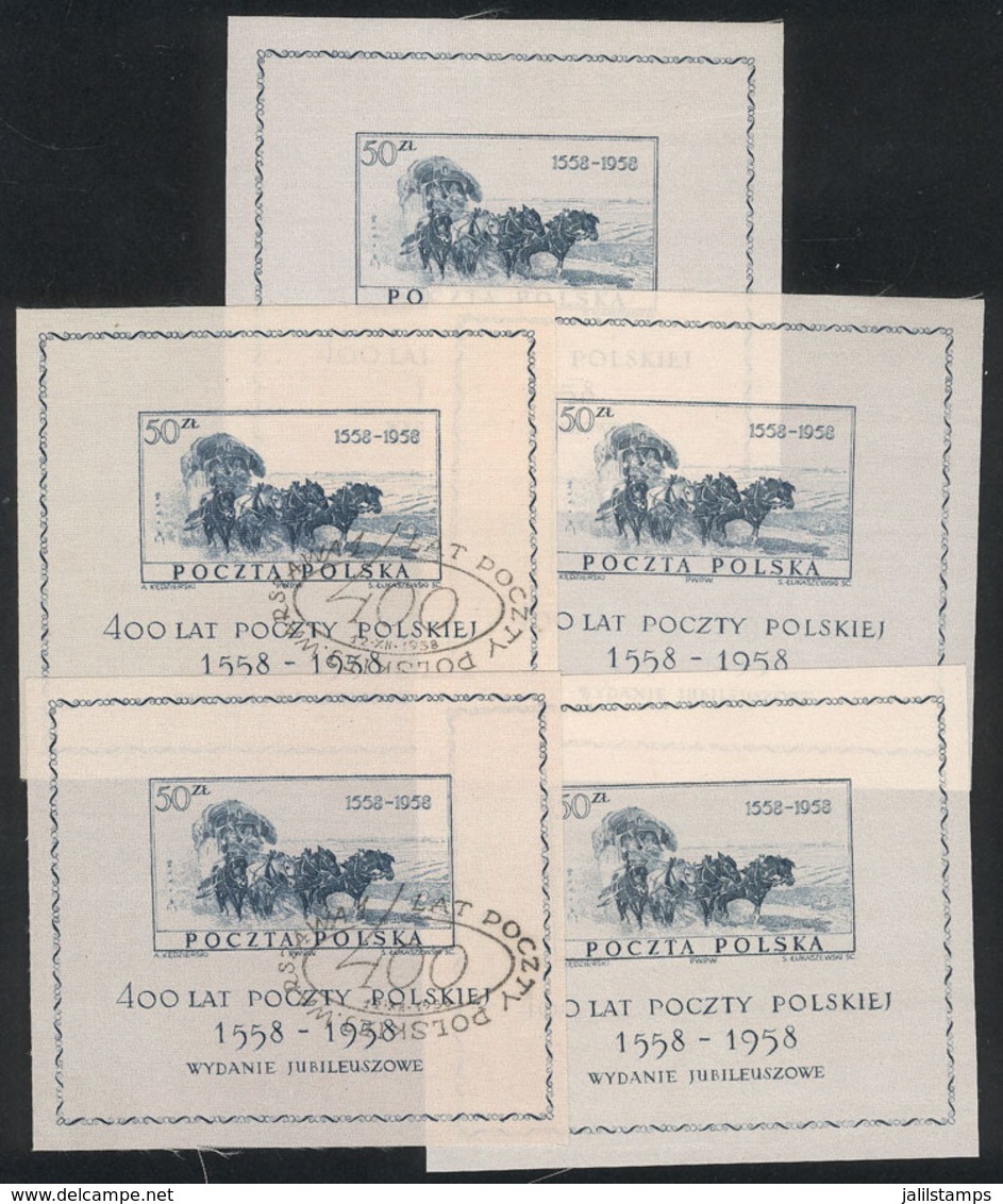 1723 POLAND: Sc.830, 1958 Mail 400th Anniversary, 3 MNH Souvenir Sheets And 2 With First Day Postmark, Very Fine Quality - Sonstige & Ohne Zuordnung