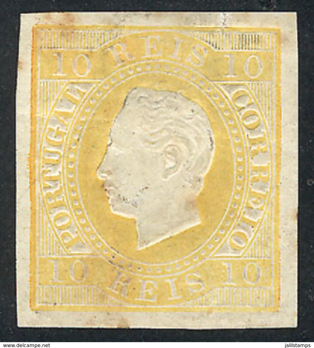 1730 PORTUGAL: Sc.35a, 1870 10r. Yellow IMPERFORATE, Mint Original Gum, With Stain Spots On Back, Rare! - Other & Unclassified