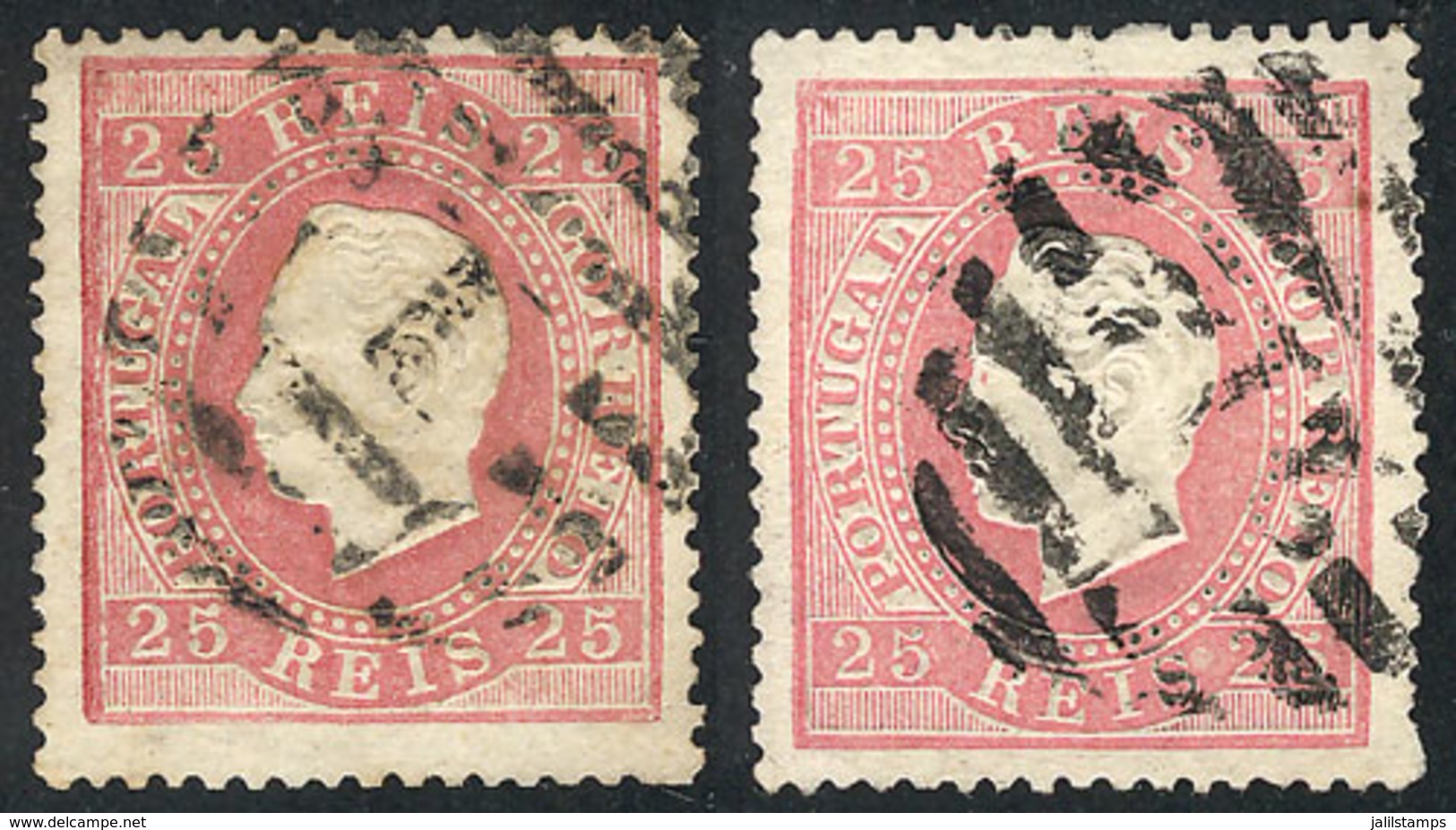 1733 PORTUGAL: Sc.41c, 1870/84 25r. Rose, 2 Examples With Perf 14¼, Very Nice! - Altri & Non Classificati