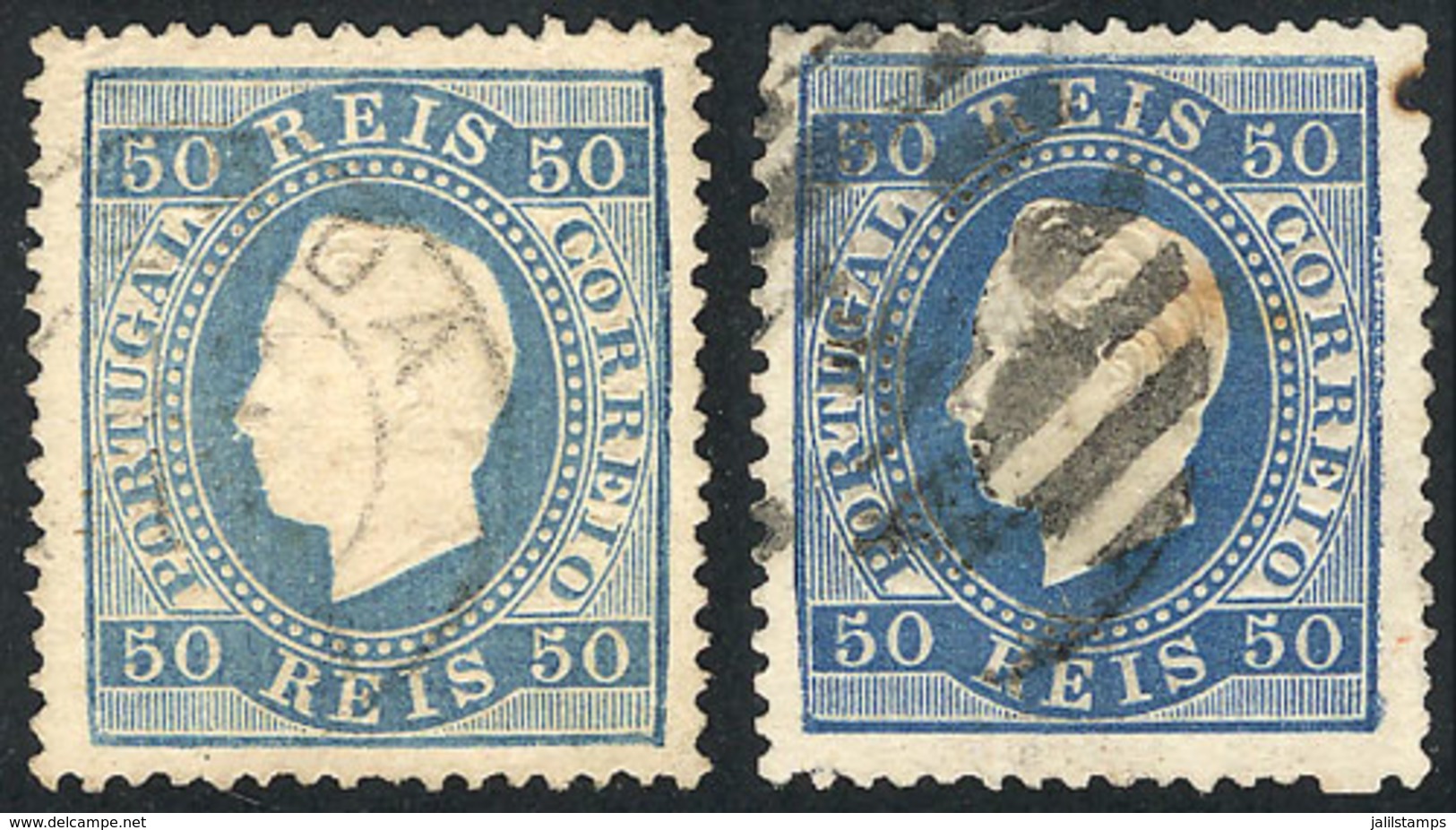 1735 PORTUGAL: Sc.43a, 1870/83 50r. Blue, Normal Paper, Perf 13½, 2 Examples In Different Shades, Fine To VF Quality! - Other & Unclassified