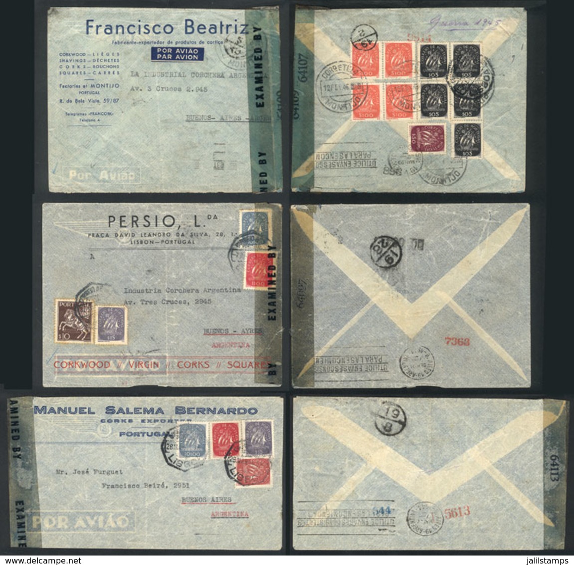 1757 PORTUGAL: 3 Airmail Covers Sent To Argentina Between 28/MAR/1944 And 12/FE/1945 With Attractive Postages, All Censo - Sonstige & Ohne Zuordnung