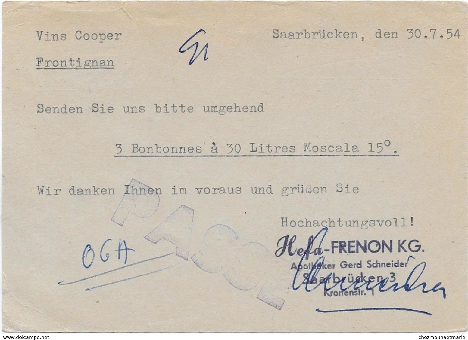 FRENON SAARBRUCKEN VINS COOPER FRONTIGNAN 1954 - TAMPON PASSE - CPA - Sonstige & Ohne Zuordnung