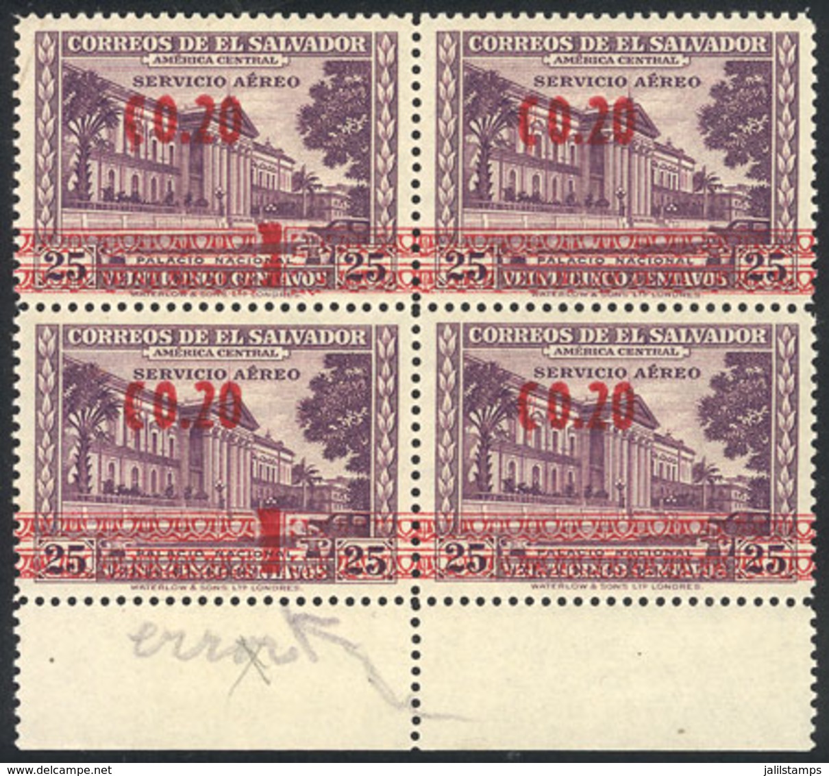 1811 EL SALVADOR: Sc.C145, Block Of 4, The Left Stamps With Interesting Overprint VARIETY, Excellent Quality! - El Salvador