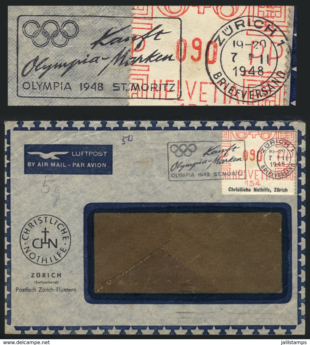 1840 SWITZERLAND: Airmail Cover With Frama Label Of 90c., Slogan Cancel: 'KAUFT OLYMPIA MARKEN - Olympia 1948, St. Morit - ...-1845 Vorphilatelie