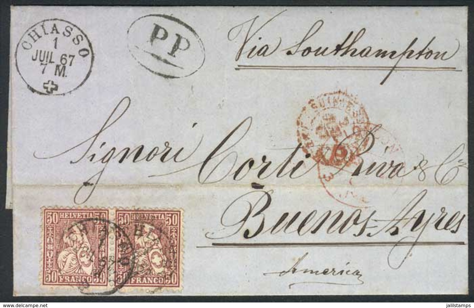 1841 SWITZERLAND: 1/JUL/1867 CHIASSO - ARGENTINA: Folded Cover Franked By Pair Sc.59 (50c. Violet), Sent Via England To  - ...-1845 Vorphilatelie