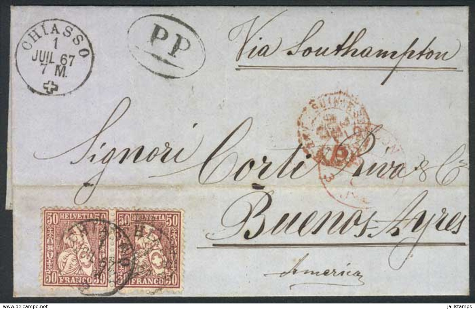 1841 SWITZERLAND: 1/JUL/1867 CHIASSO - ARGENTINA: Folded Cover Franked By Pair Sc.59 (50c. Violet), Sent Via England To  - ...-1845 Prefilatelia