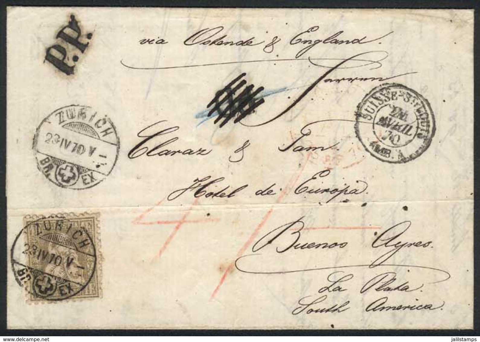 1842 SWITZERLAND: 23/APR/1870 ZURICH - ARGENTINA: Complete Folded Letter Franked By Sc.50 (1Fr. Golden), Sent To Buenos  - ...-1845 Prephilately