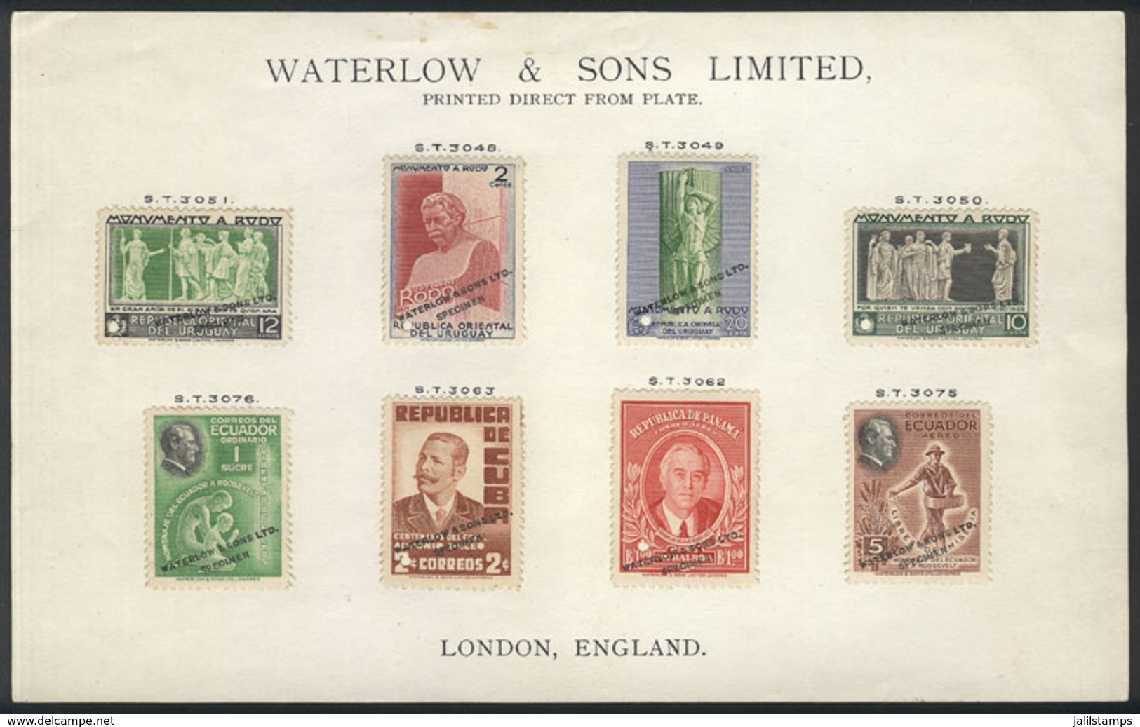 1876 WORLDWIDE: Lot Of Specimens Of Waterlow Ltd. Of London, With Stamps Of Uruguay (4), Ecuador (2), Cuba And Panama, P - Autres & Non Classés