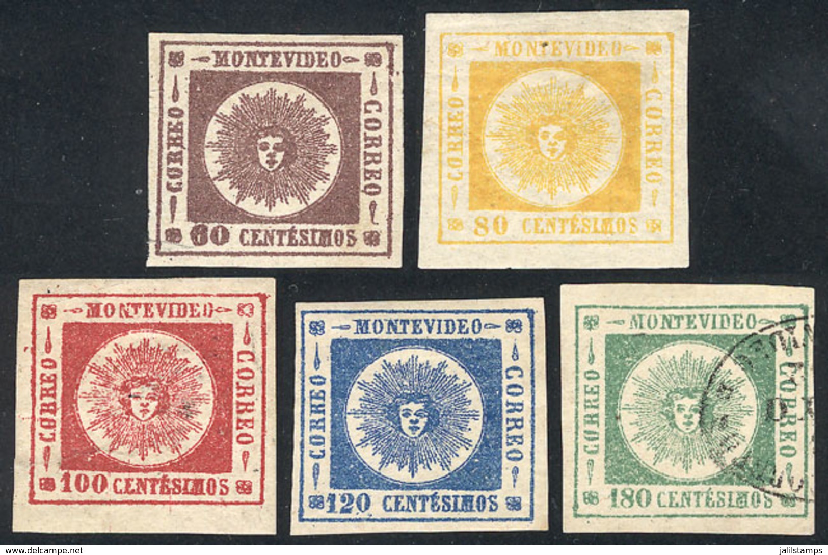 1902 URUGUAY: Yvert 13/17, 1860 Sun With Thick Figures, Cmpl. Set Of 5 Values, Mint Original Gum (60c. Without Gum And 1 - Uruguay