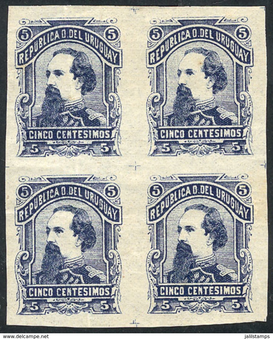 1904 URUGUAY: Yvert 51, 1883 General M. Santos 5c. Blue, IMPERFORATE BLOCK OF 4, Very Fine Quality - Uruguay