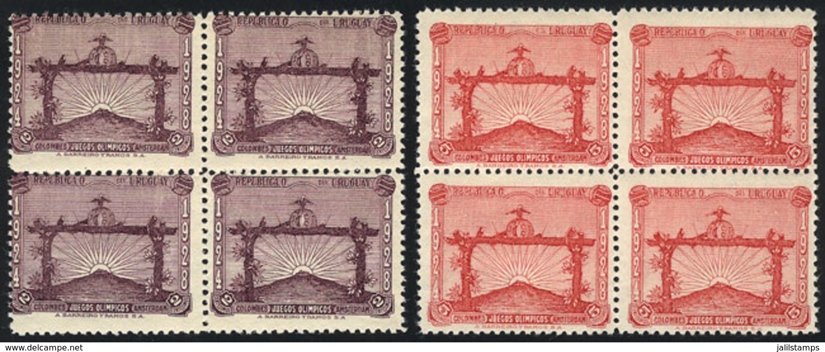 1906 URUGUAY: Sc.388/9, 1928 Victory Of The Uruguay Team In The Olympic Games, 2 Values Of The Set In MNH Blocks Of 4, E - Uruguay