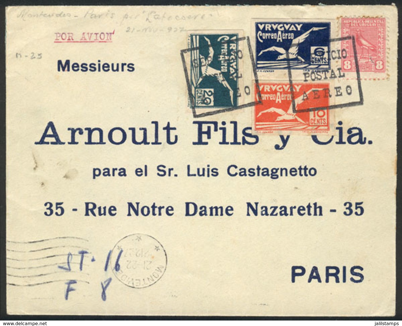 1911 URUGUAY: Airmail Cover Sent From Montevideo To Paris On 2/DE/1927, VF Quality! - Uruguay