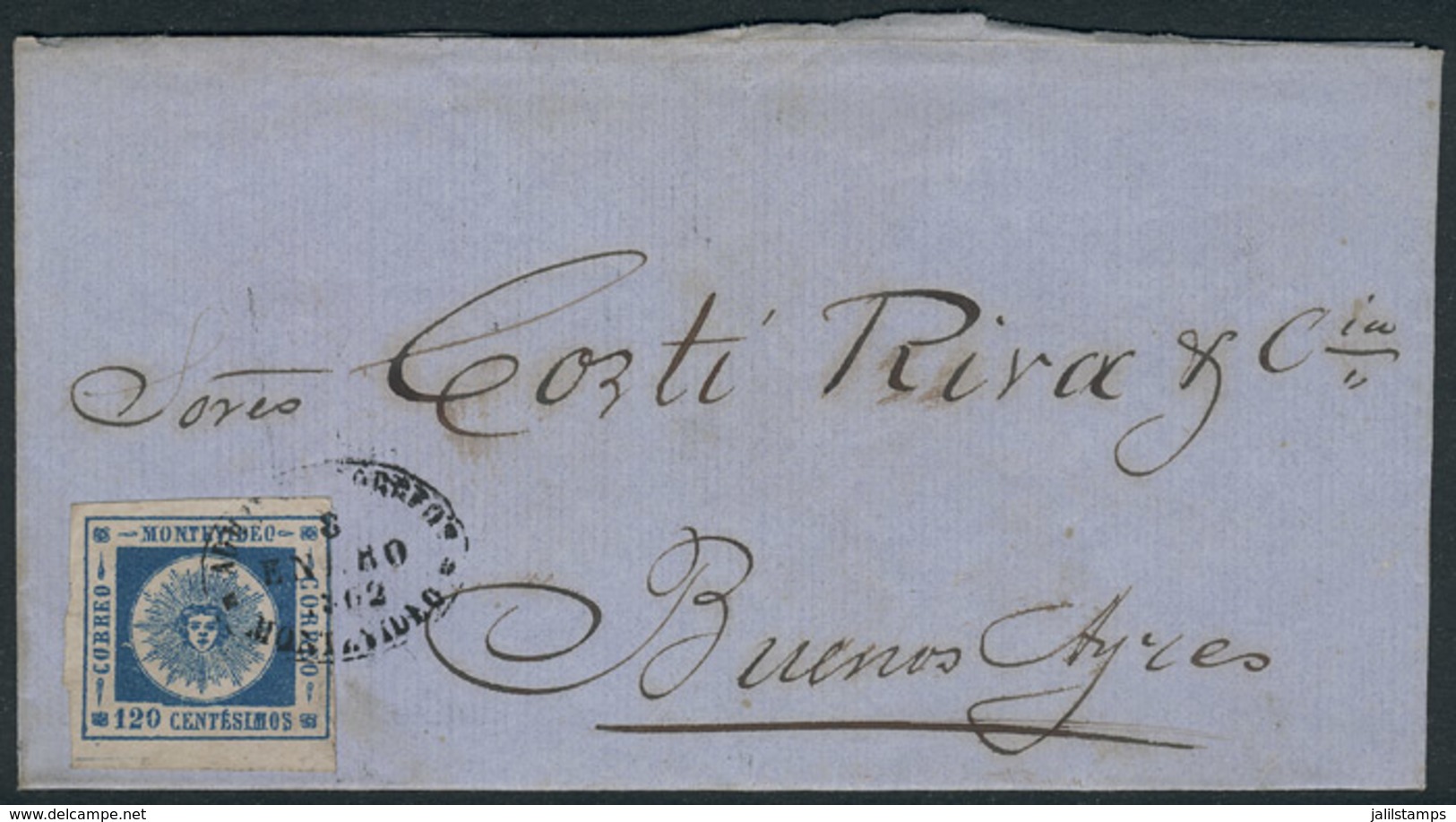 1914 URUGUAY: 8/JAN/1862 MONTEVIDEO - Buenos Aires: Folded Cover Franked By Sc.16 (120c. Blue Thich Numerals) With Oval  - Uruguay