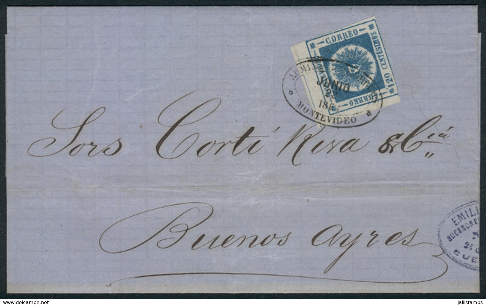 1916 URUGUAY: 29/JUN/1863 MONTEVIDEO - Buenos Aires: Folded Cover Franked By Sc.16 (120c. Blue Thick Numerals) With Doub - Uruguay
