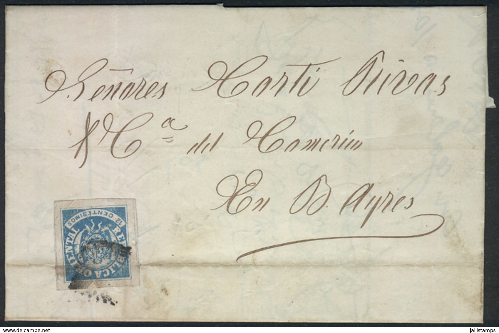 1917 URUGUAY: 17/SEP/1865 MONTEVIDEO - Buenos Aires: Dated Folded Cover, Franked By Sc.23 (Seal 12c. Blue) With Little D - Uruguay