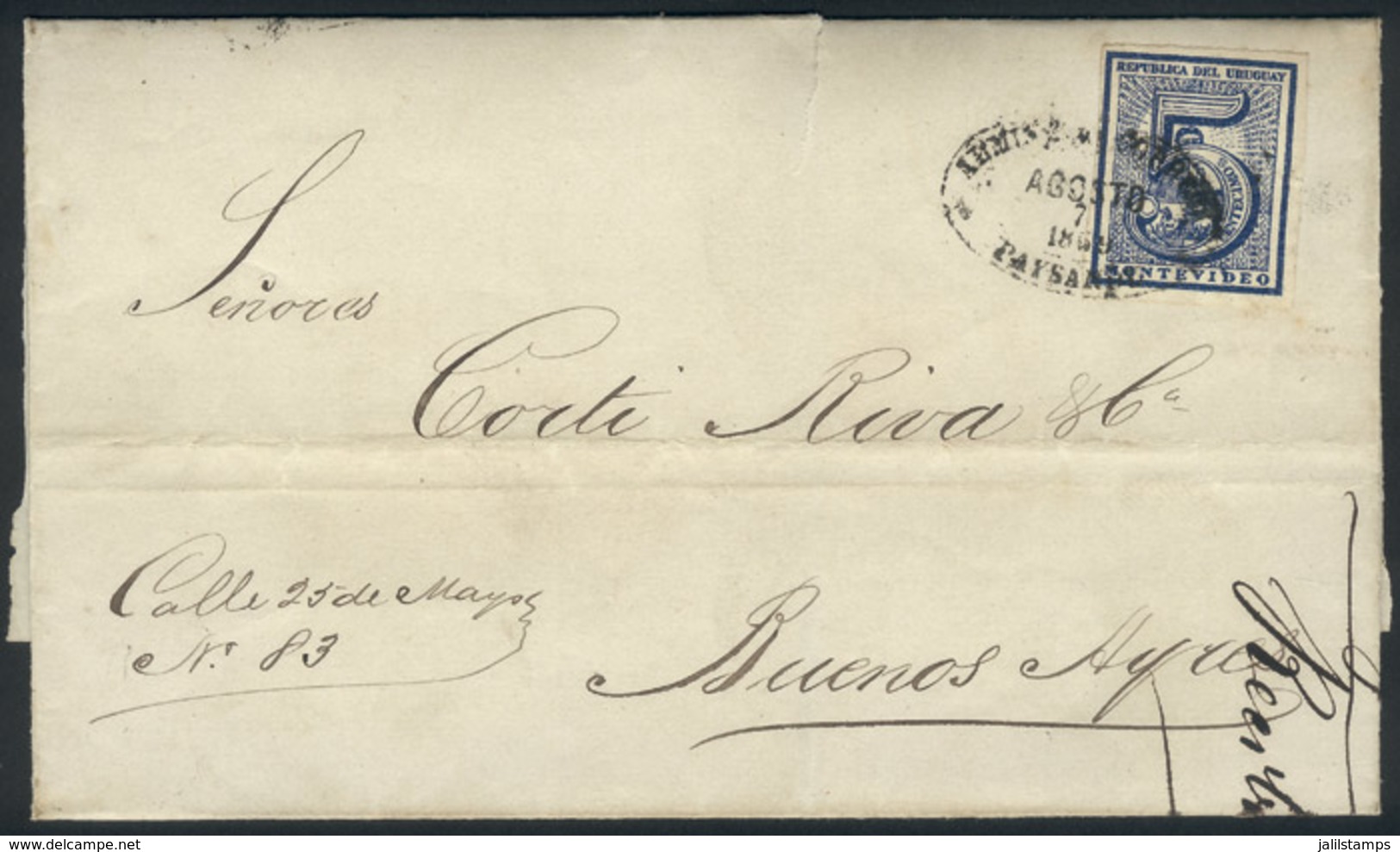 1919 URUGUAY: 6/AUG/1869 PAYSANDÚ - Buenos Aires: Folded Cover Franked By Sc.30, Oval Datestamp Of Paysandú, Excellent Q - Uruguay