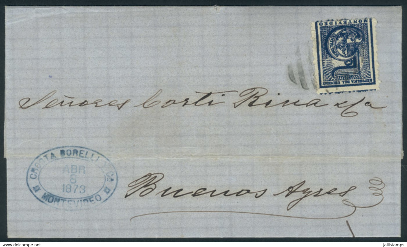 1921 URUGUAY: 8/APR/1873 MONTEVIDEO - Buenos Aires: Dated Folded Cover, Franked By Sc.35a (dark Blue), Semi-mute Barred  - Uruguay