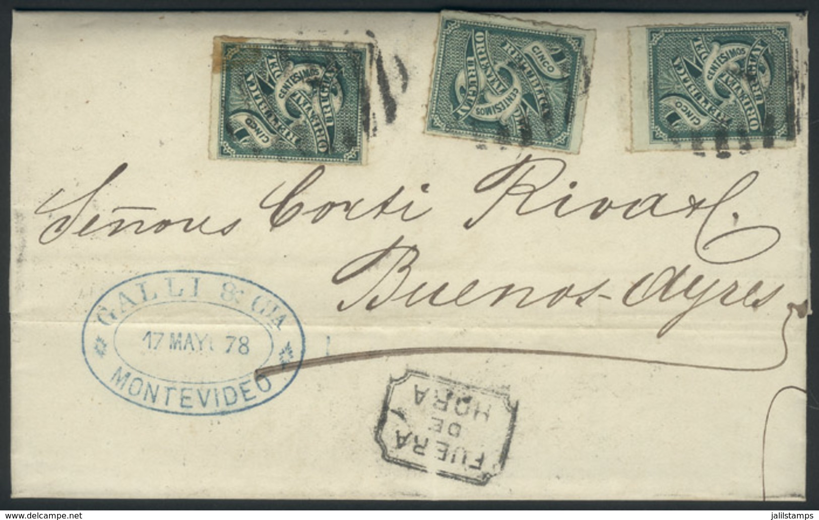 1923 URUGUAY: 17/MAY/1878 MONTEVIDEO - Buenos Aires: Complete Folded Letter Franked By Sc.40 X3, Barred Cancel, Framed " - Uruguay