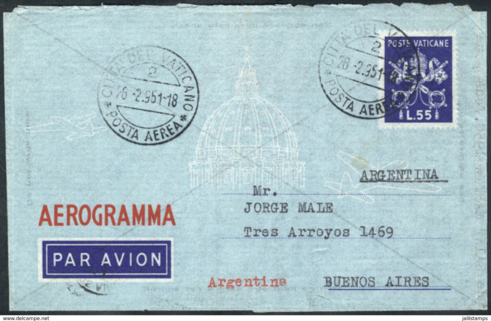 1930 VATICAN: 55L. Aerogram Sent To Argentina On 26/FE/1951, Excellent Quality! - Sonstige & Ohne Zuordnung