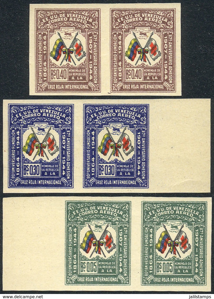 1935 VENEZUELA: Sc.C181 + C184 + C185, 1944 Red Cross, 3 IMPERFORATE PAIRS Of Excellent Quality! - Venezuela