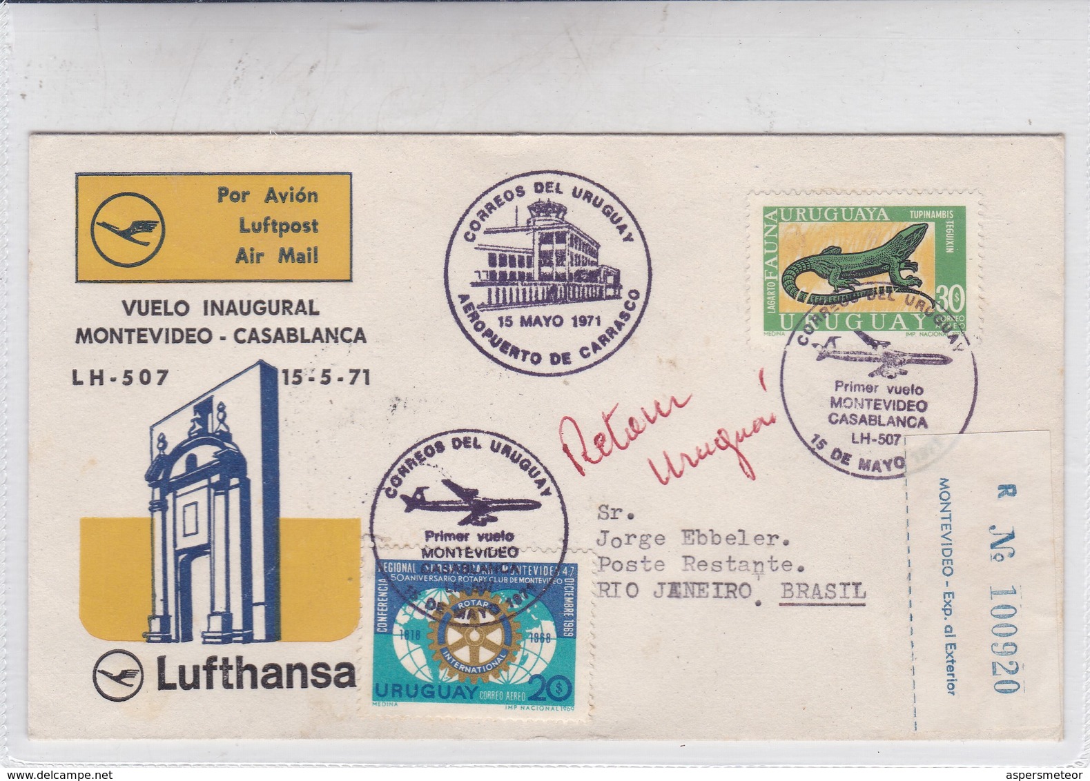 FIRST FLIGHT. VUELO INAGURAL MONTEVIDEO-CASABLANCA LH 507 LUFTHANSA 1971. RECOMMANDE. URUGUAY.-BLEUP - Uruguay