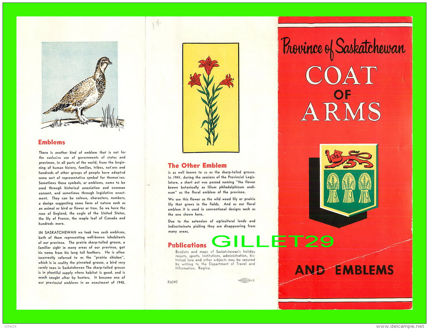 GUIDES TOURISTIQUES - PROVINCE OF SASKATCHEWAN COAT OF ARMS AND EMBLEMS -  6 PAGES - - Amerika