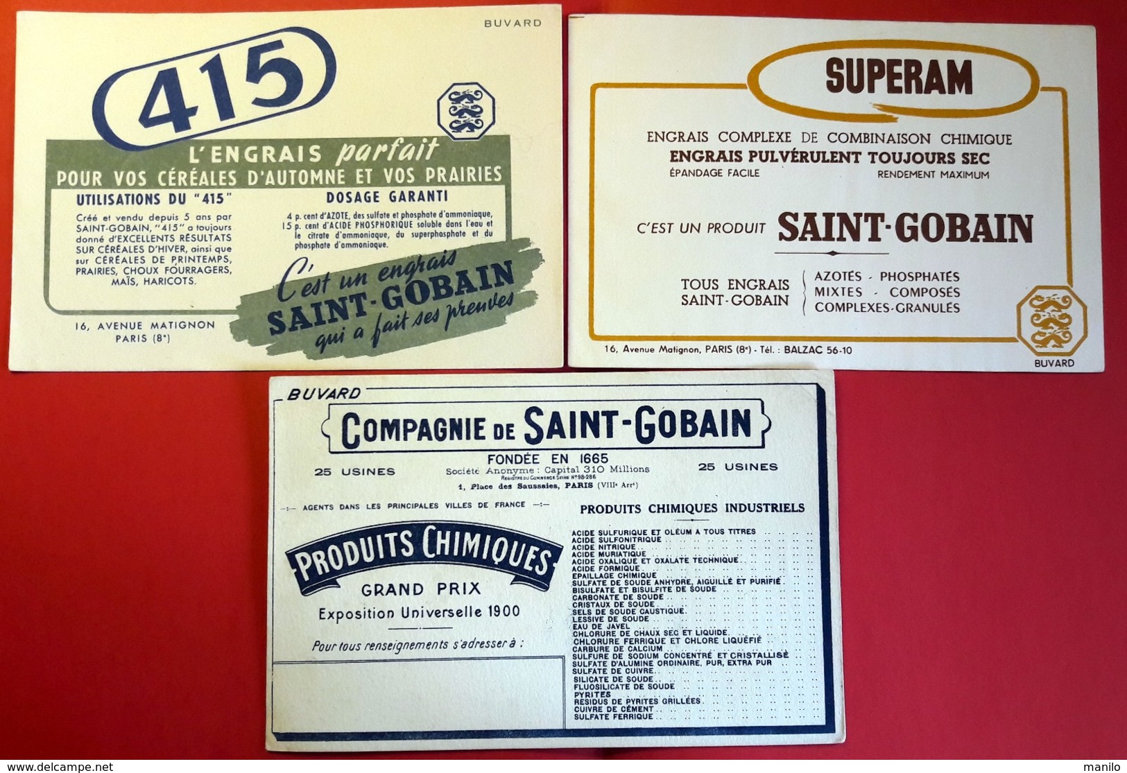 3 Buvards Anciens Différents - Agriculture : ENGRAIS SAINT GOBAIN à PARIS - SUPERAM - 415 Exposition Universelle 1900 - Agricoltura