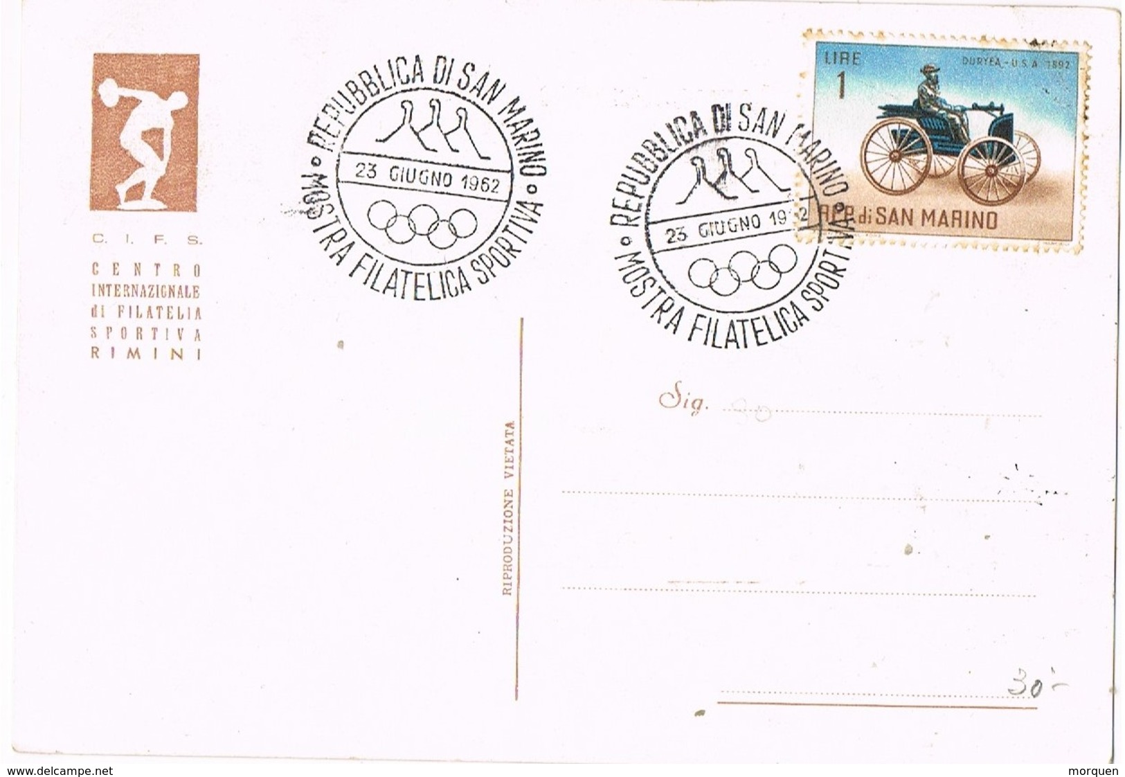 28793. Tarjeta SAN MARINO 1962. RALLYE Moto Rimini-San Marino. Motociclismo - Cartas & Documentos