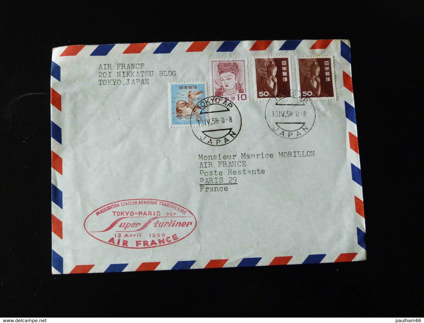 LETTRE PAR PREMIERE LIAISON AERIENNE TOKYO - PARIS  13 AVRIL 1958 PAR SUPER STARLINER - Airmail