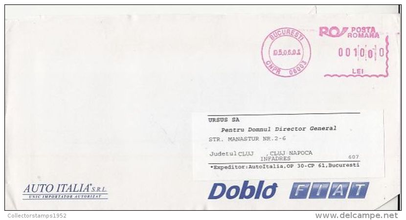 6451FM- AMOUNT 1000, BUCHAREST, RED MACHINE STAMPS ON COVER, 2001, ROMANIA - Lettres & Documents