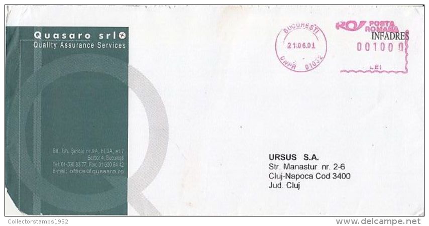 6453FM- AMOUNT 1000, BUCHAREST, RED MACHINE STAMPS ON COVER, COMPANY HEADER, 2001, ROMANIA - Lettres & Documents