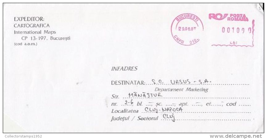 6454FM- AMOUNT 1000, BUCHAREST, RED MACHINE STAMPS ON COVER, COMPANY HEADER, 2001, ROMANIA - Lettres & Documents