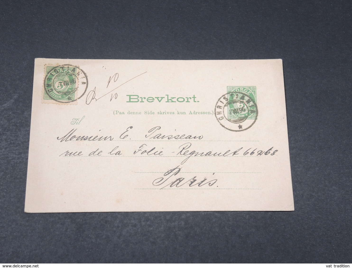 NORVÈGE - Entier Postal + Complément De Christiana Pour La France En 1896 - L 17842 - Interi Postali
