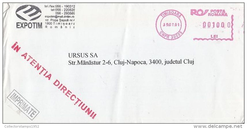 6459FM- AMOUNT 1000, BUCHAREST, RED MACHINE STAMPS ON COVER, COMPANY HEADER, 2001, ROMANIA - Covers & Documents