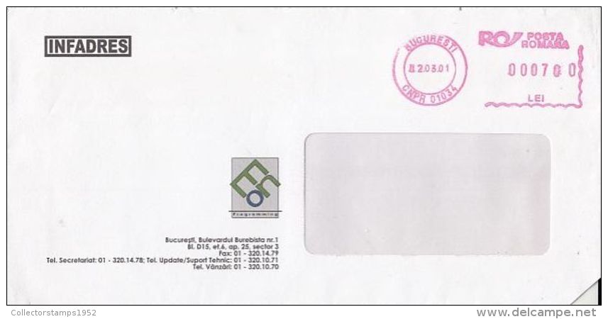 6461FM- AMOUNT 700, BUCHAREST, RED MACHINE STAMPS ON COVER, COMPANY HEADER, 2001, ROMANIA - Covers & Documents