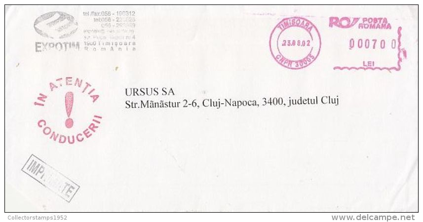 6463FM- AMOUNT 700, TIMISOARA, RED MACHINE STAMPS ON COVER, COMPANY HEADER, 2002, ROMANIA - Lettres & Documents