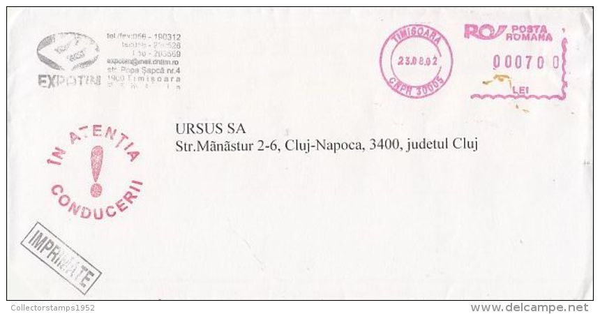 6464FM- AMOUNT 700, TIMISOARA, RED MACHINE STAMPS ON COVER, COMPANY HEADER, 2002, ROMANIA - Briefe U. Dokumente