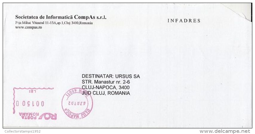 6466FM- AMOUNT 1500, CLUJ NAPOCA, RED MACHINE STAMPS ON COVER, COMPANY HEADER, 2002, ROMANIA - Storia Postale