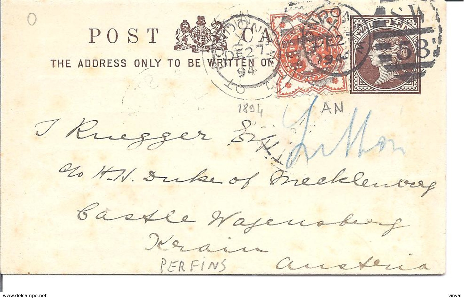 Great Britain Postcard 1894 With Perfin Stamp AN (Army And Navy) - Lettres & Documents