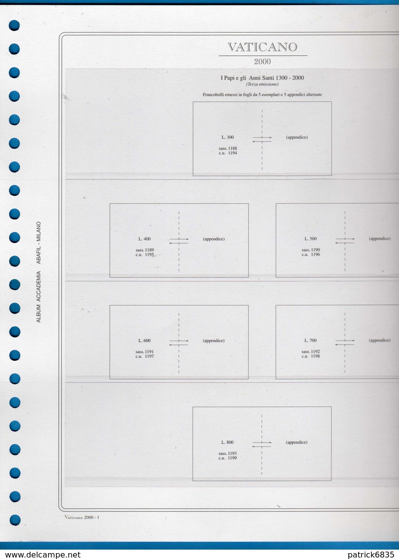 2000 CITTA' DEL VATICANO- 6 FOGLI 22 ANELLI ABAFIL ACCADEMIA NUOVI Mai Usati Doppi.  Vedi Descrizione - Pre-printed Pages