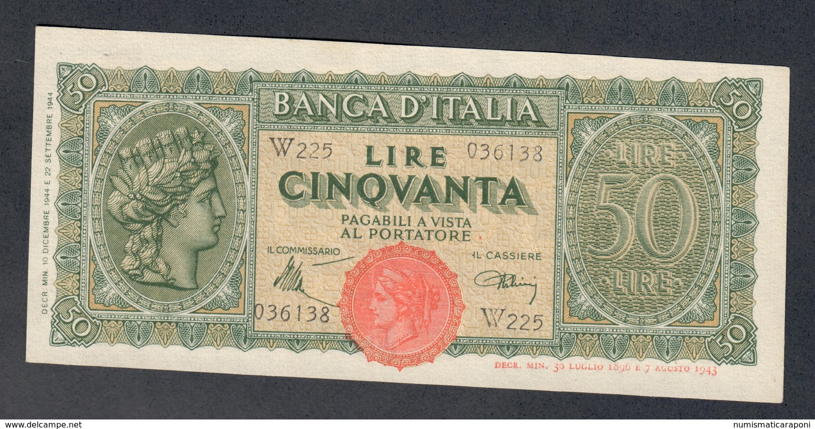 50 Lire Italia Turrita 10 12 1944 Q.fds SOSTITUTIVA W225 R2 LOTTO 1651 - 50 Lire