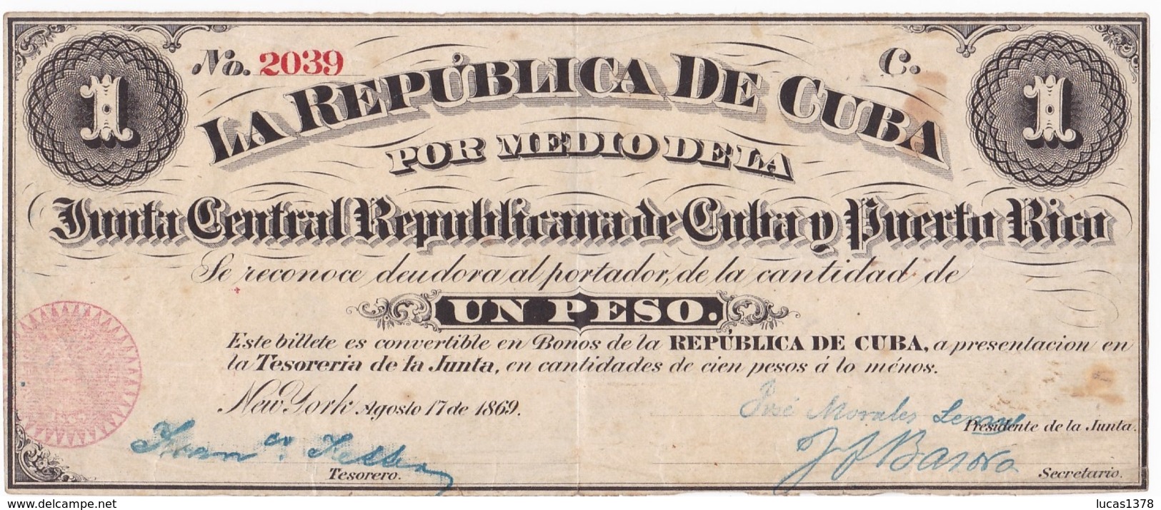 CUBA 1 PESO 17 AOUT 1869 / SERIE C 2039 - Cuba