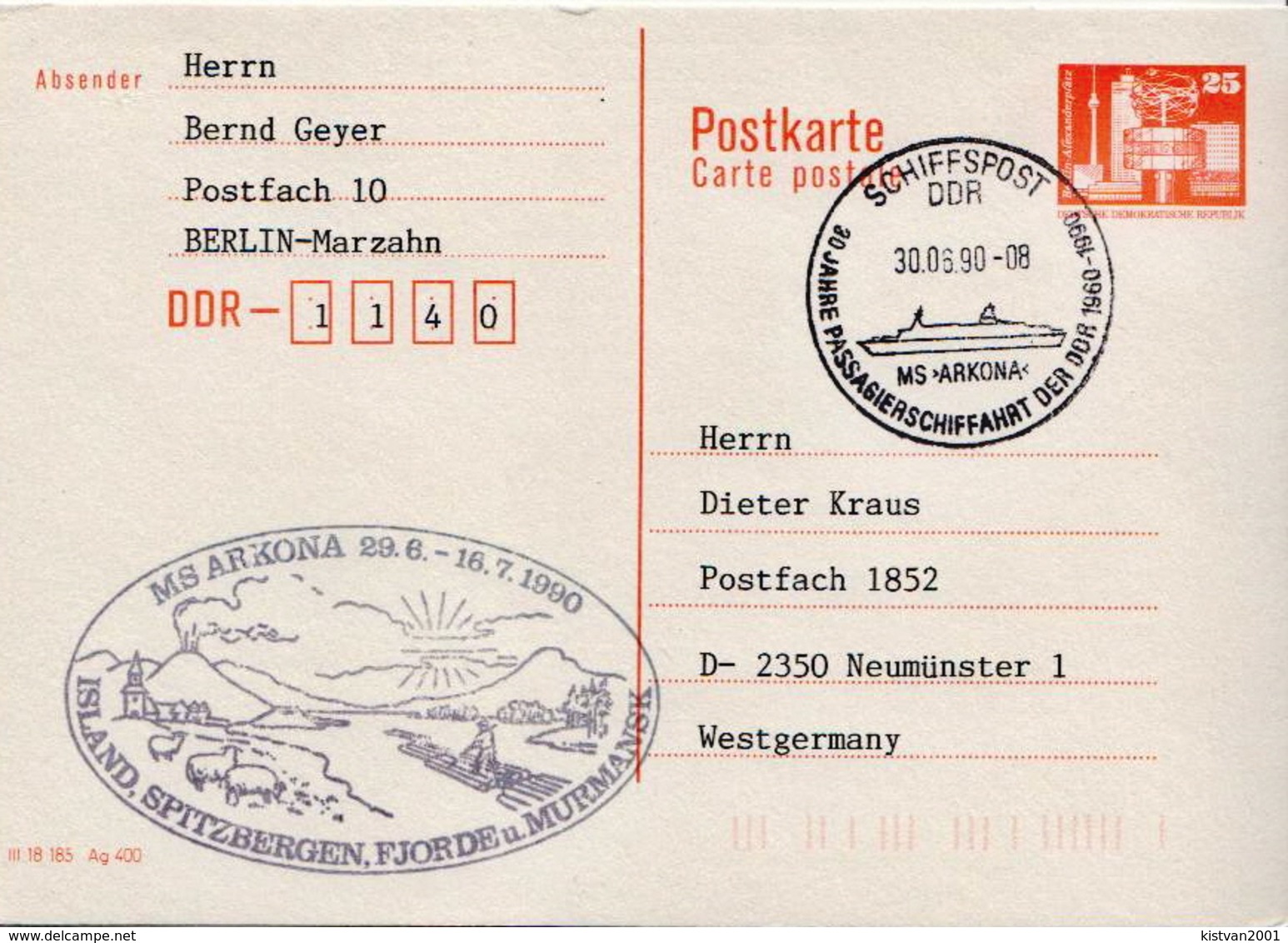 Germany / DDR Used Postal Stationery Card With Ship-post Cancel - Ships