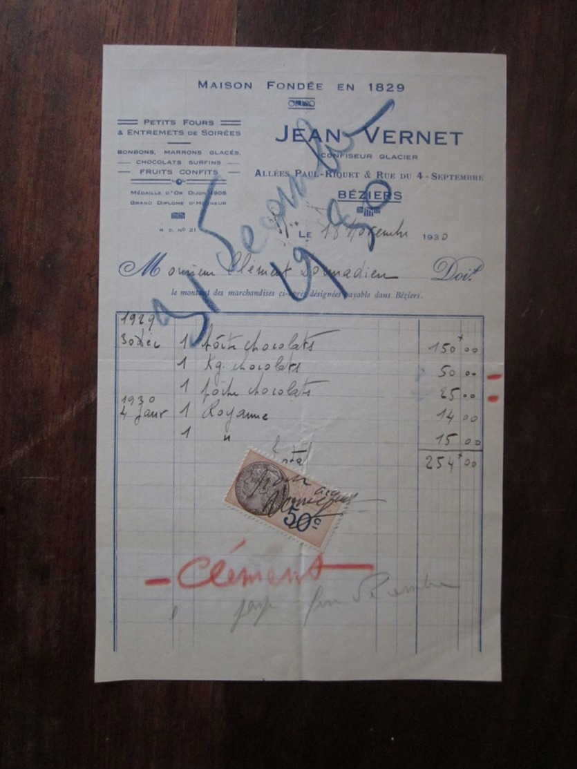 Ancienne Facture En-tête -1930 - Jean Vernet - Confiseur Glacier -  Béziers (34 Hérault) - Other & Unclassified
