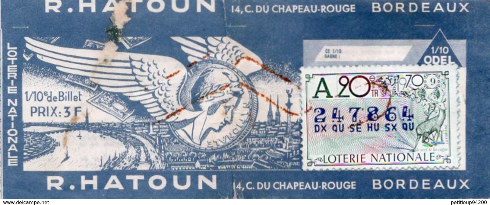 BILLET  DE  LOTERIE  R. HATOUN  Bordeaux 1970 - Billets De Loterie