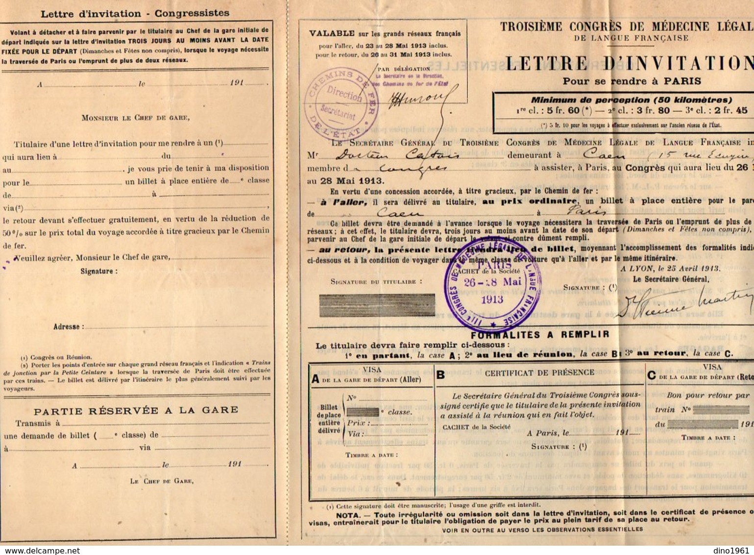 VP12.135 - LYON 1913 - 3è Congrès De Médecine - Lettre D'invitation Pour Se Rendre De CAEN à PARIS Par Le Chemins De Fer - Autres & Non Classés