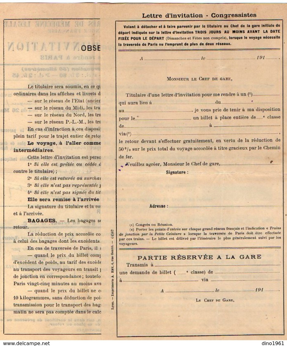 VP12.135 - LYON 1913 - 3è Congrès De Médecine - Lettre D'invitation Pour Se Rendre De CAEN à PARIS Par Le Chemins De Fer - Andere & Zonder Classificatie