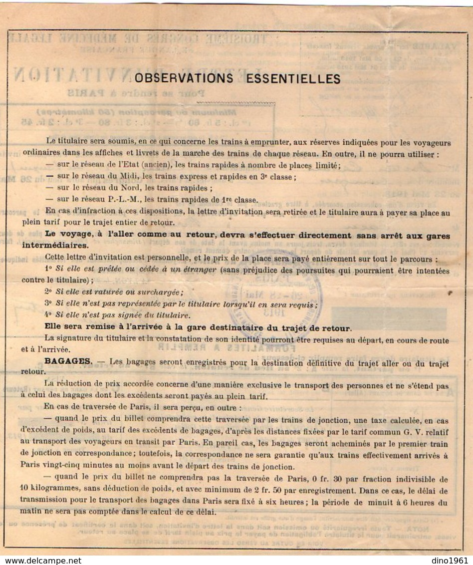 VP12.135 - LYON 1913 - 3è Congrès De Médecine - Lettre D'invitation Pour Se Rendre De CAEN à PARIS Par Le Chemins De Fer - Altri & Non Classificati